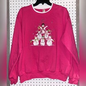 Pink Crewneck Sweater with Festive Snowman Embroidery